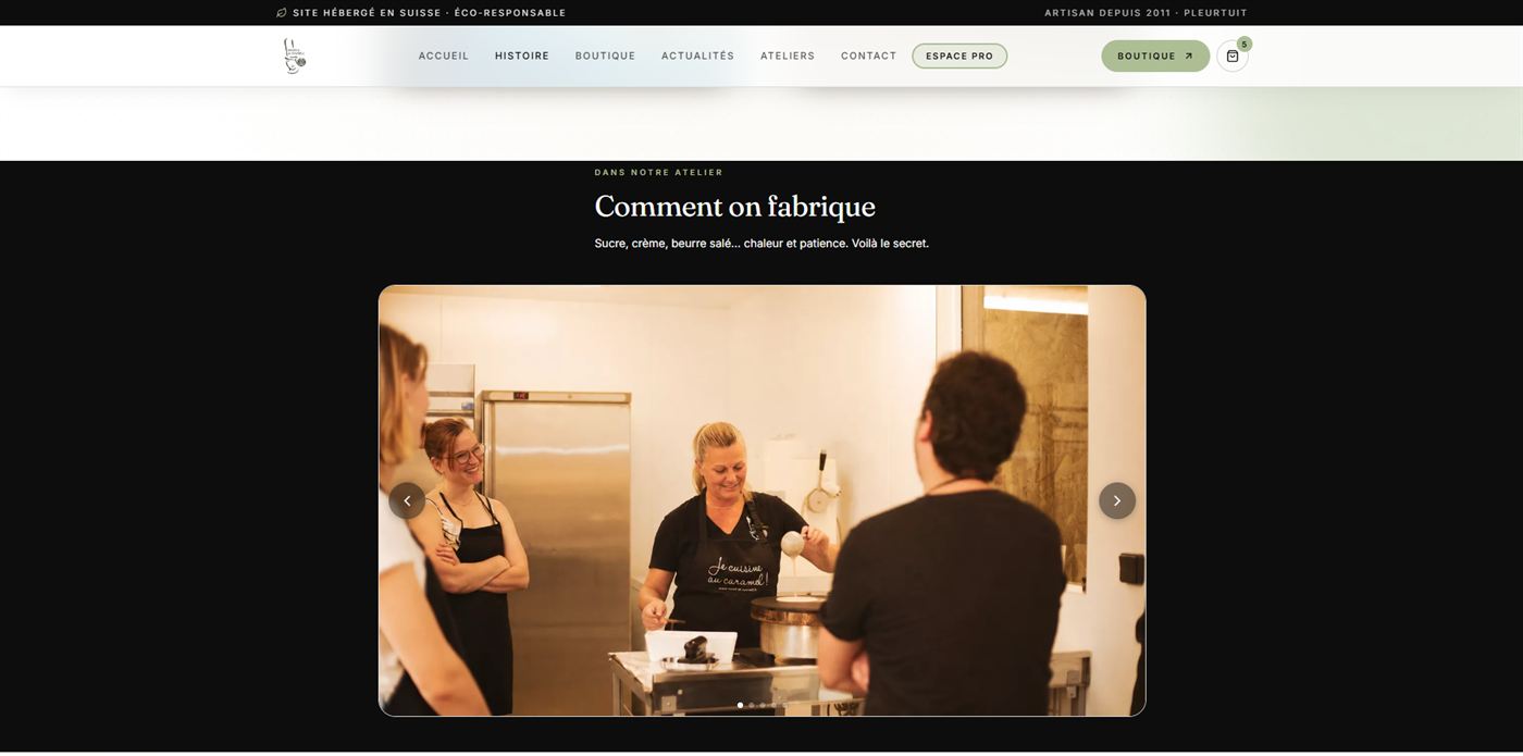 La page Histoire du site, qui raconte la fabrication dans l'atelier